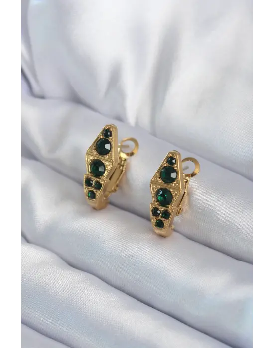   Altın Yeşil Kristal Taş Detay Yılan Model Çelik Küpe