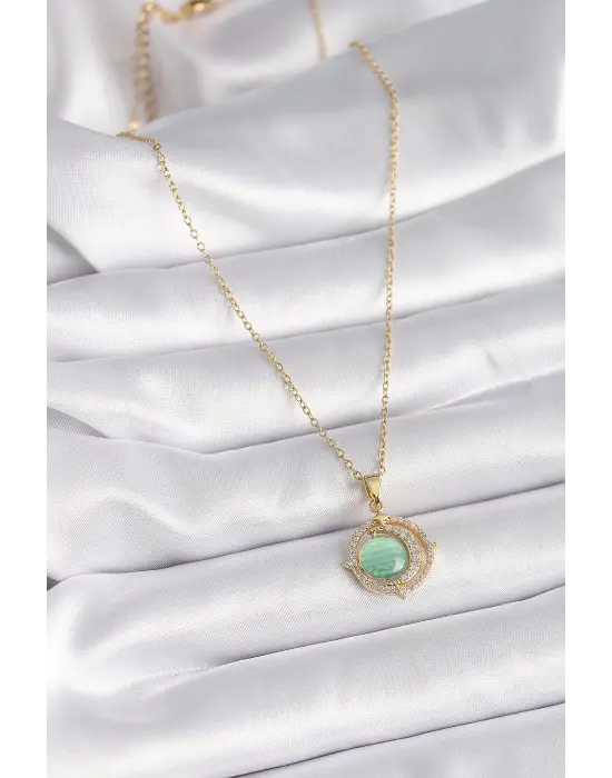  Altın  Yeşil Sedefli Zirkon Taşlı Hilal Model  Çelik Kolye