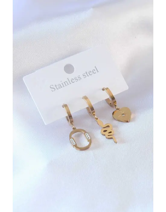   Altın Yılan Model Kalp Detay Zirkon Taşlı Çelik Küpe