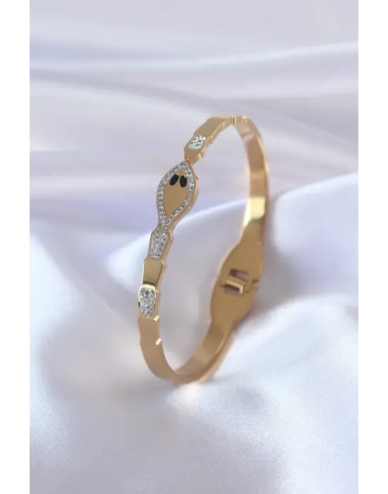 316L Çelik Gold Renk Yılan Model Zirkon Taş Detay Kadın Kelepçe