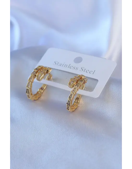 316L Çelik Gold Renk Yılan Şeklinde Zirkon Taşlı Kadın Küpe