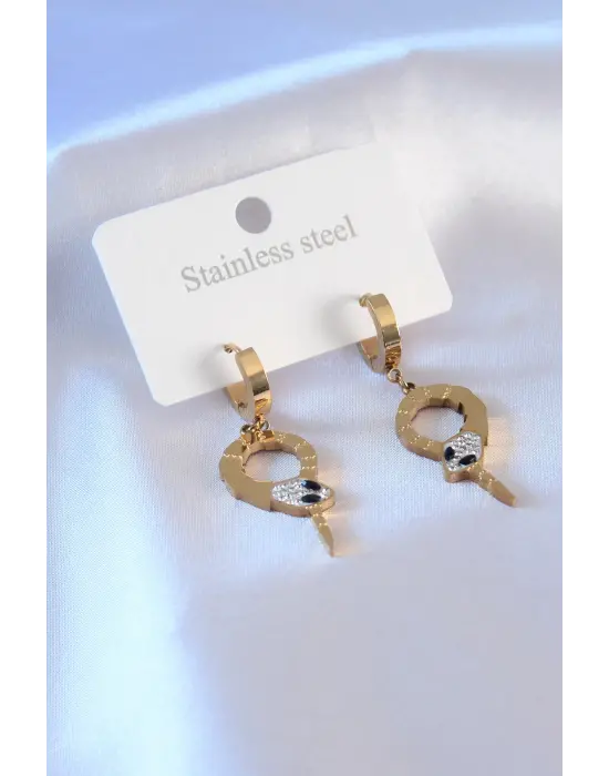   Altın Yılan Model Zirkon Taşlı Çelik Küpe