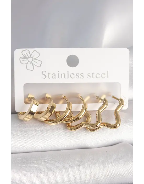 316L Çelik Gold Renk Yıldız Halka Model Kadın Küpe Seti