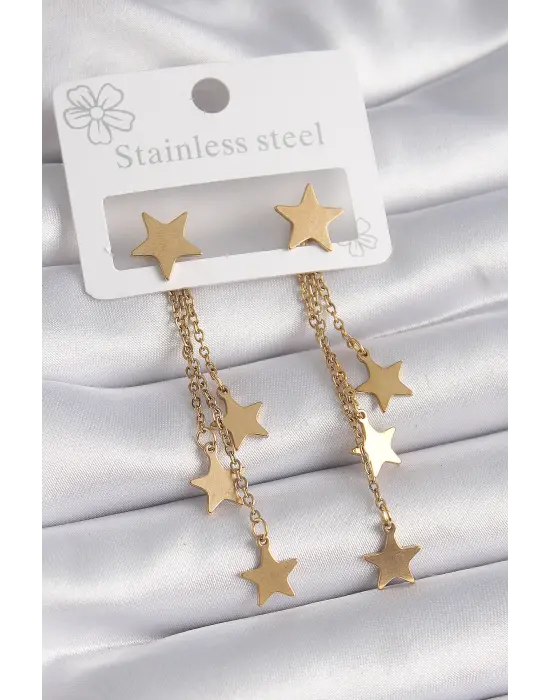   Altın Yıldız Model Çoklu Sallantı Yıldız Çelik Küpe