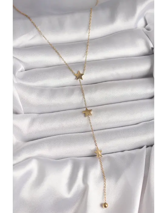 316L Çelik Gold Renk Yıldız Model Topçuk Detay Kadın Y Kolye