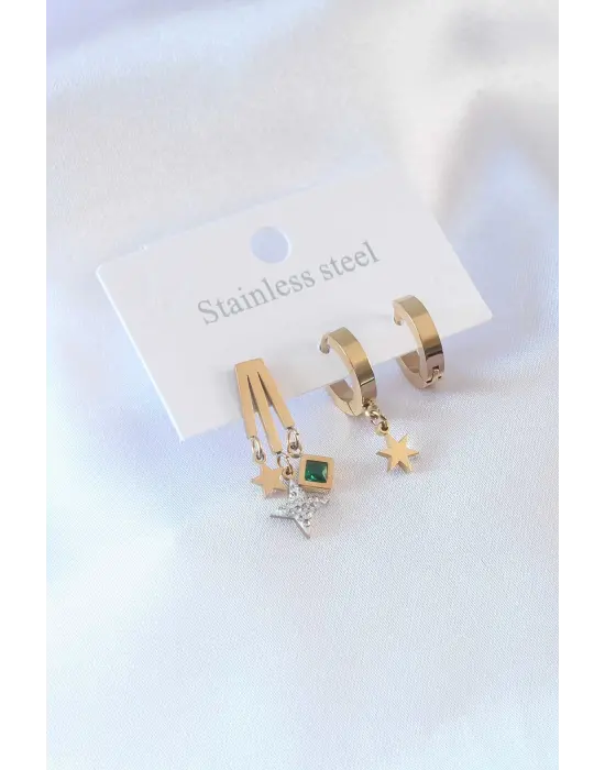 316L Çelik Gold Renk Yıldız Model Zirkon Taşlı Kadın Küpe