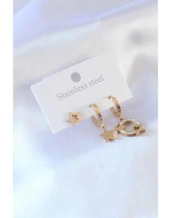 316L Çelik Gold Renk Yıldız Model Zirkon Taşlı Kadın Küpe