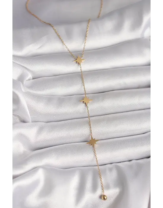 316L Çelik Gold Renk Yıldız Topçuk Detay Kadın Y Kolye