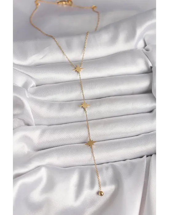 316L Çelik Gold Renk Yıldız Topçuk Detay Kadın Y Kolye