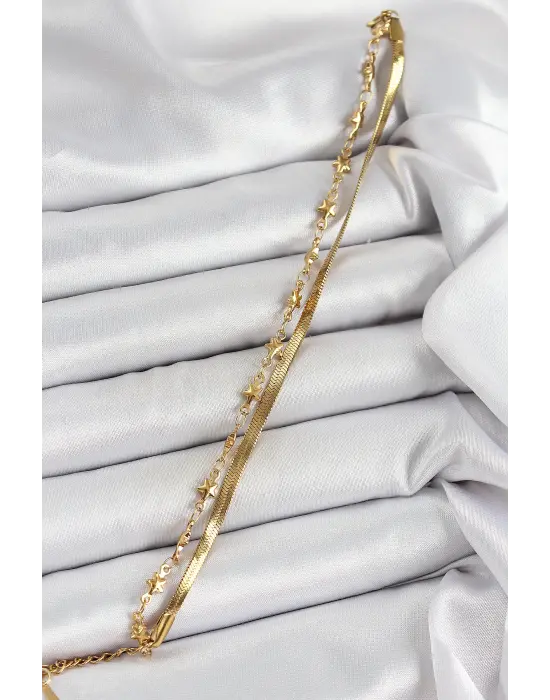 316L Çelik Gold Renk Yıldız Zincir ve İtalyan Zincirli 2li Kadın Bileklik