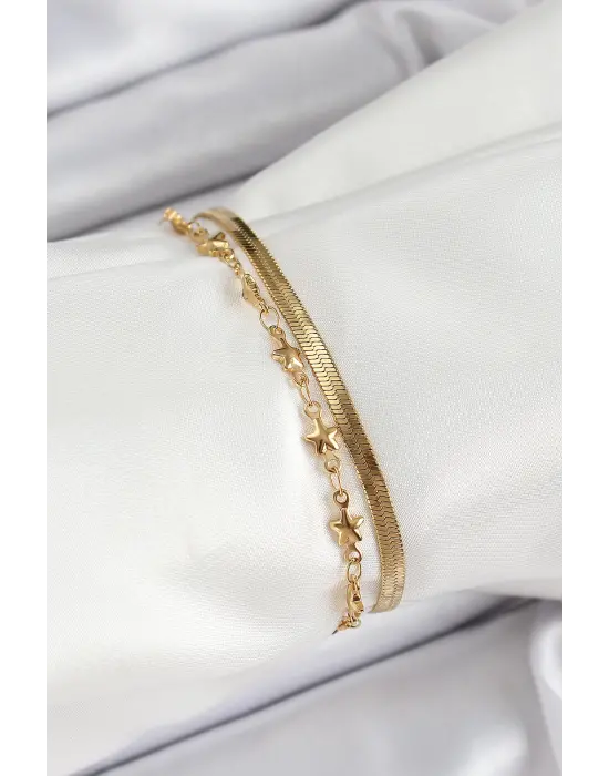 316L Çelik Gold Renk Yıldız Zincir ve İtalyan Zincirli 2li Kadın Bileklik