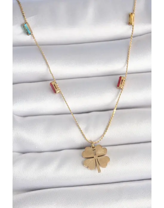 316L Çelik Gold Renk Yonca Figür Zirkon Taş Detaylı Kadın Kolye