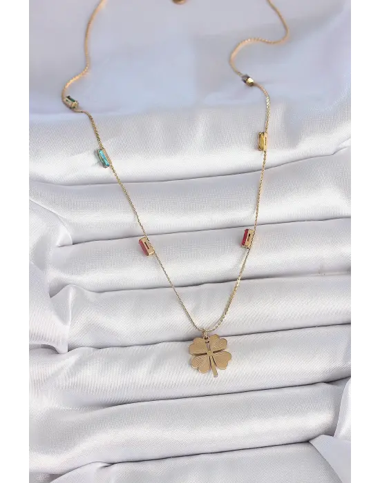 316L Çelik Gold Renk Yonca Figür Zirkon Taş Detaylı Kadın Kolye