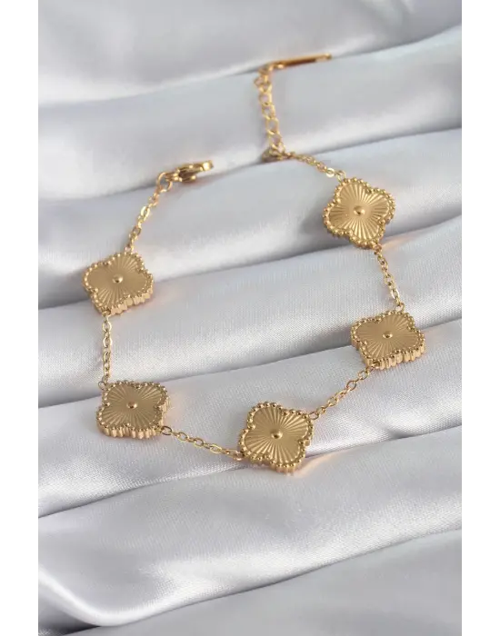 316L Çelik Gold Renk Yonca Model İşleme Detay Kadın Bileklik