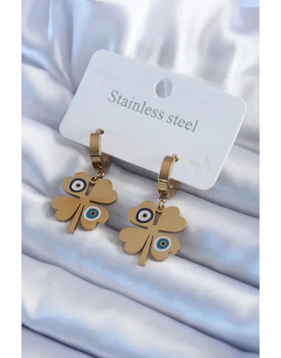   Altın Yonca Model Nazar Boncuk Detay Çelik Küpe