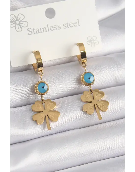   Altın Yonca Model Nazar Boncuk Detay Çelik Küpe