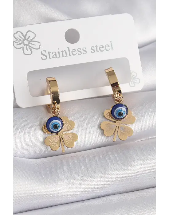   Altın Yonca Model Nazar Boncuk Detay Çelik Küpe