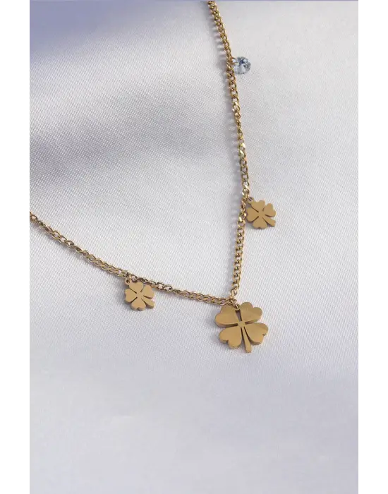  Altın  Yonca Model Zirkon Taş Detay  Çelik Kolye