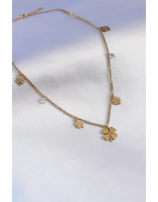  Altın  Yonca Model Zirkon Taş Detay  Çelik Kolye