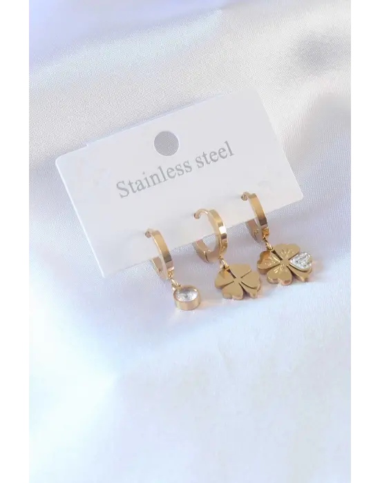 316L Çelik Gold Renk Yonca Model Zirkon Taşlı Kadın Küpe