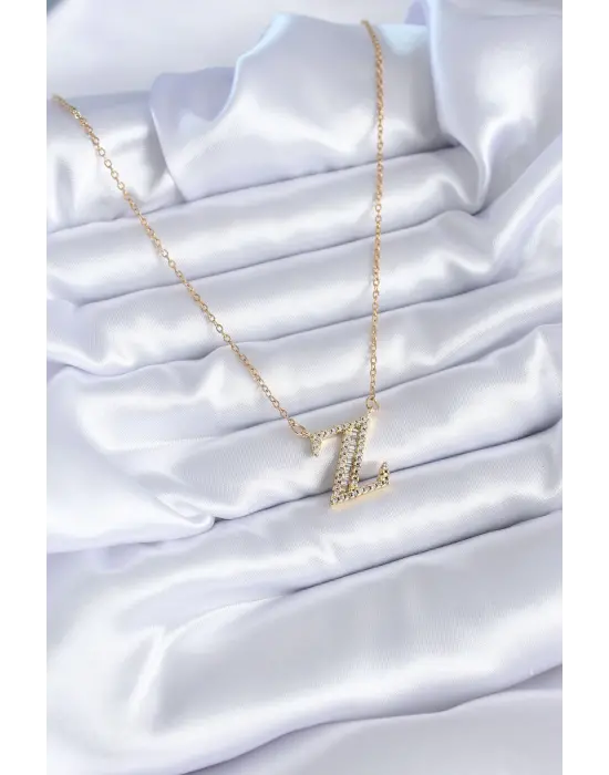  Altın  Z Harf Model Zirkon Taşlı  Çelik Kolye