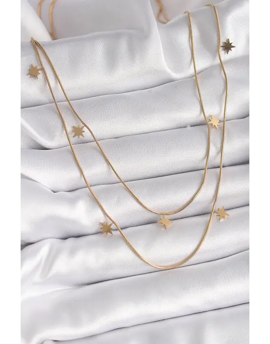  Altın  Zincir 2Li Kutup Yıldızı Model  Çelik Kolye