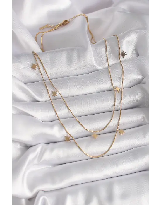  Altın  Zincir 2Li Kutup Yıldızı Model  Çelik Kolye