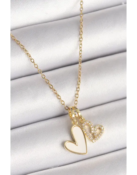  Altın  Zincir 2Li Sallantı Zirkon Taşlı Kalp Model  Çelik Kolye