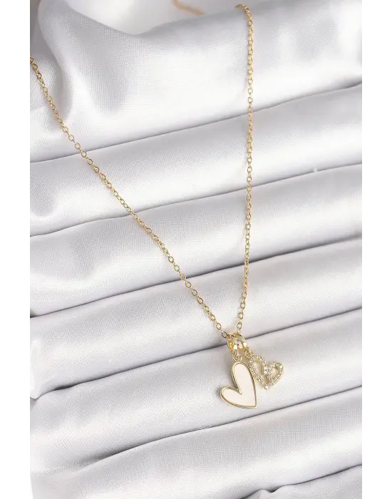  Altın  Zincir 2Li Sallantı Zirkon Taşlı Kalp Model  Çelik Kolye