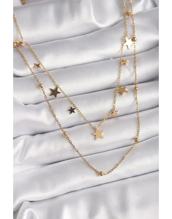  Altın  Zincir 2Li Yıldız Model Topçuk Detay  Çelik Kolye