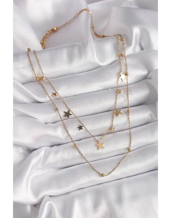  Altın  Zincir 2Li Yıldız Model Topçuk Detay  Çelik Kolye