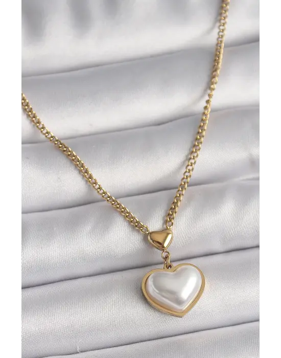  Altın  Zincir 3D İnci Kalp Model  Çelik Kolye