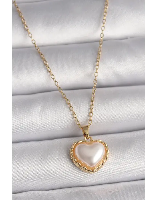  Altın  Zincir 3D İnci Kalp Model  Çelik Kolye