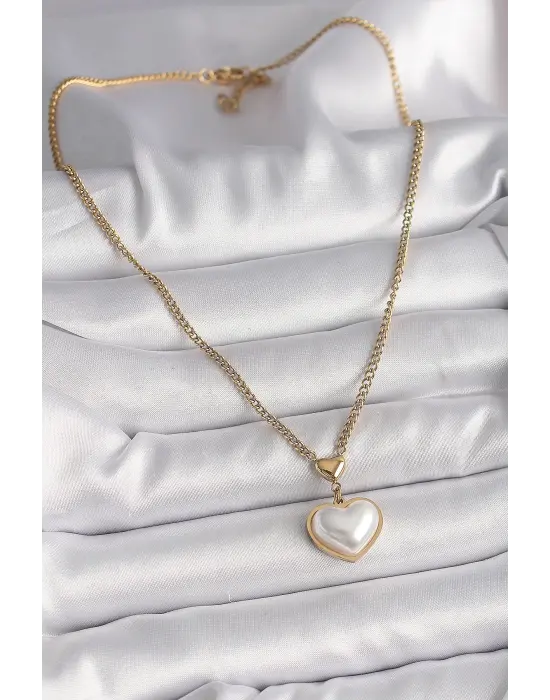  Altın  Zincir 3D İnci Kalp Model  Çelik Kolye