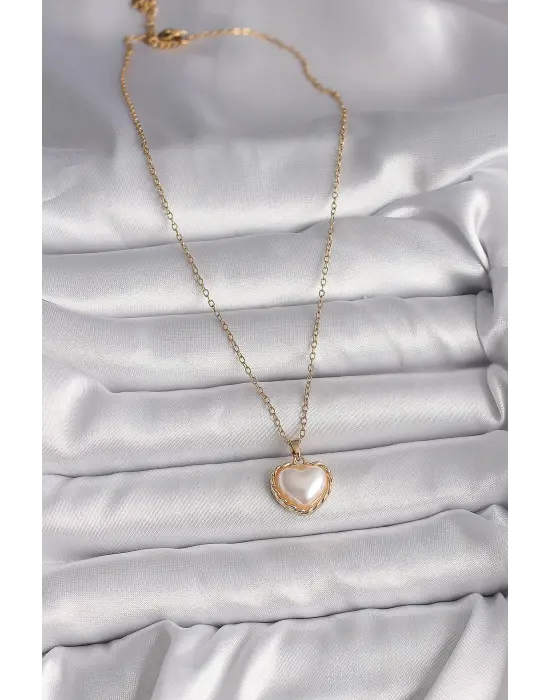  Altın  Zincir 3D İnci Kalp Model  Çelik Kolye