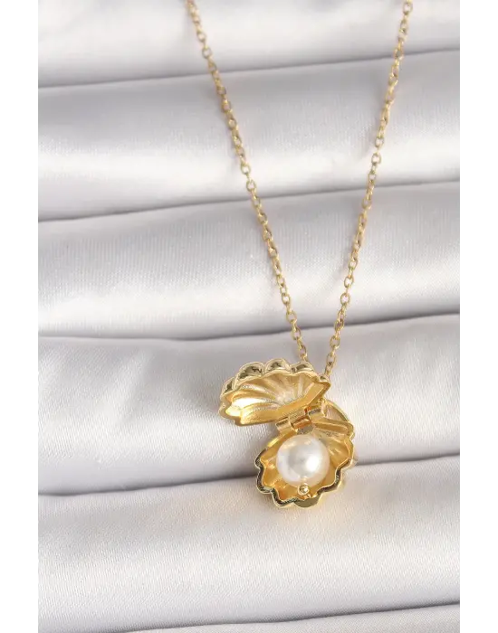 316L Çelik Gold Renk Zincir Açılır İncili Midye Model Kadın Kolye