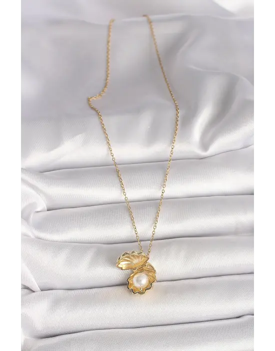 316L Çelik Gold Renk Zincir Açılır İncili Midye Model Kadın Kolye
