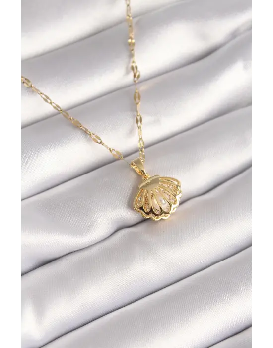  Altın  Zincir Açılır İstiridye Model İnci Zirkon Taş Detay  Çelik Kolye