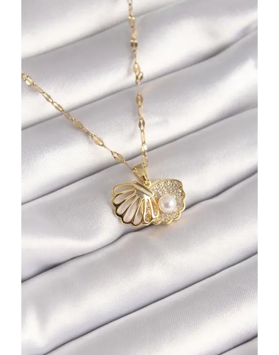  Altın  Zincir Açılır İstiridye Model İnci Zirkon Taş Detay  Çelik Kolye