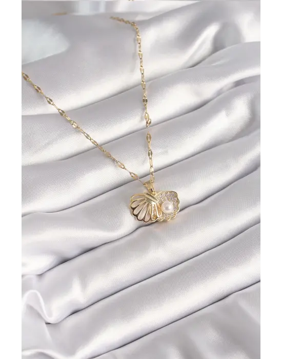  Altın  Zincir Açılır İstiridye Model İnci Zirkon Taş Detay  Çelik Kolye