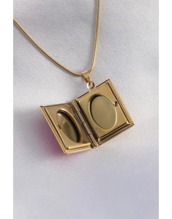 316L Çelik Gold Renk Zincir Açılır Pembe Kapaklı Fotoğraf Koyulabilen Kadın Kolye