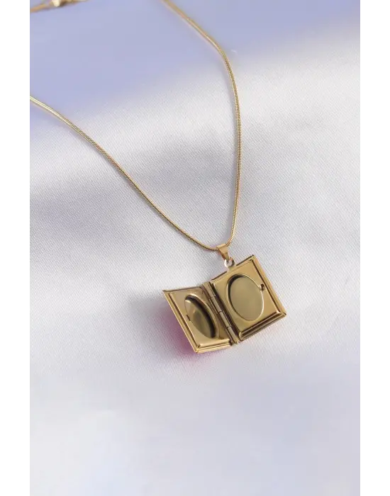 316L Çelik Gold Renk Zincir Açılır Pembe Kapaklı Fotoğraf Koyulabilen Kadın Kolye