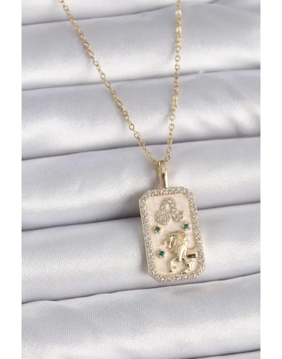  Altın  Zincir Aslan Burcu Zirkon Taşlı  Çelik Kolye