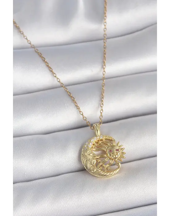 316L Çelik Gold Renk Zincir Ay Güneş Model Zirkon Taş Detaylı Kadın Kolye