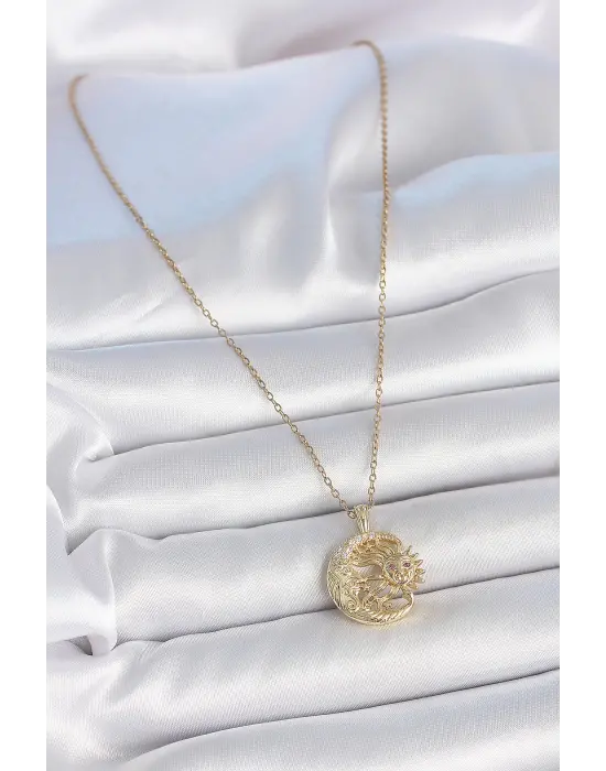 316L Çelik Gold Renk Zincir Ay Güneş Model Zirkon Taş Detaylı Kadın Kolye