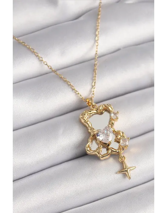  Altın  Zincir Ayna Ayıcık Model Zirkon Taşlı Kalp Model  Çelik Kolye
