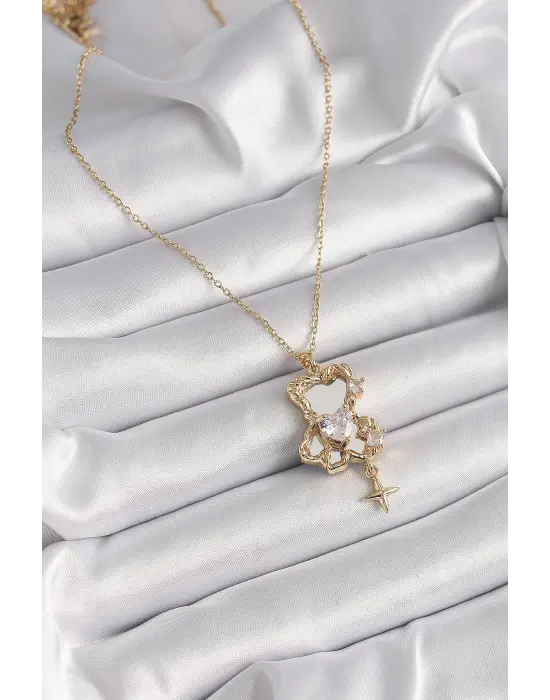  Altın  Zincir Ayna Ayıcık Model Zirkon Taşlı Kalp Model  Çelik Kolye