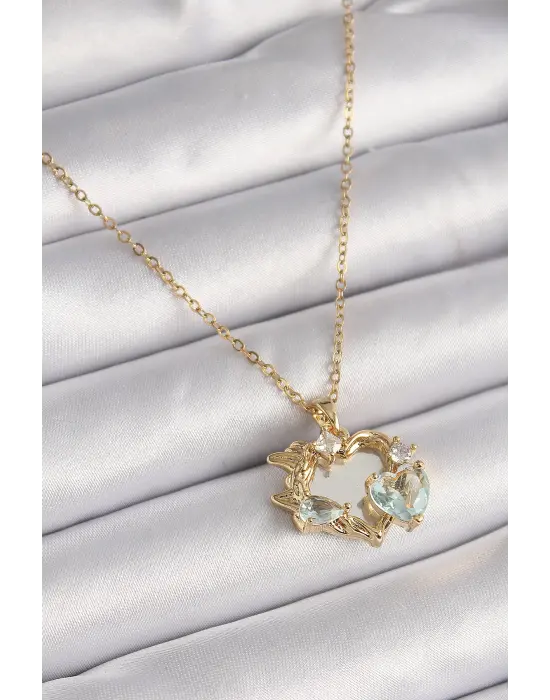  Altın  Zincir Ayna Kalp Model Zirkon Taşlı Kalp Model  Çelik Kolye