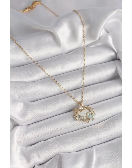  Altın  Zincir Ayna Kalp Model Zirkon Taşlı Kalp Model  Çelik Kolye