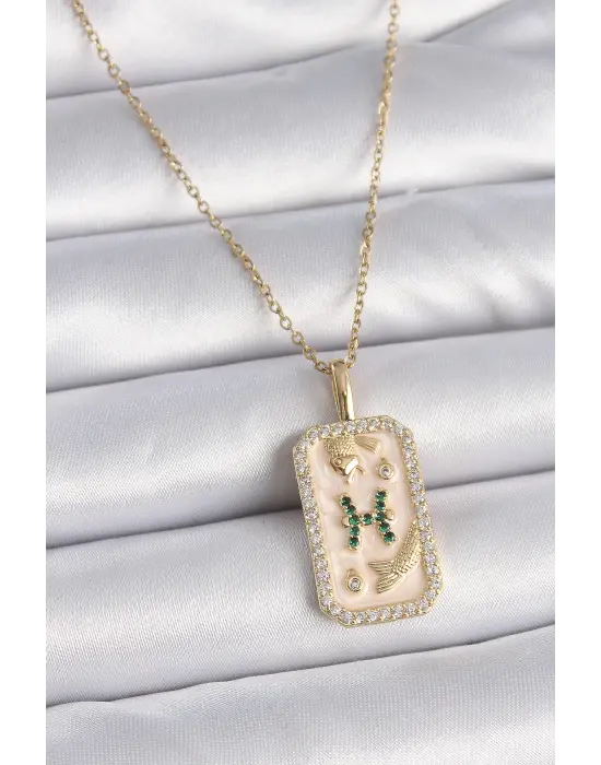  Altın  Zincir Balık Burcu Zirkon Taşlı  Çelik Kolye